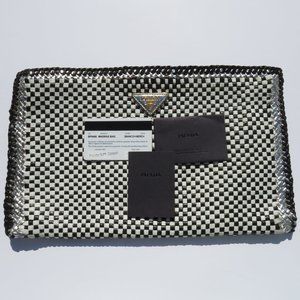 PRADA Black White Silver Woven Madras Zip Clutch